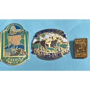 3 Horse Racing Pins Santa Anita, Laffit Pincay Jr + 1986 Santa Anita John Henry